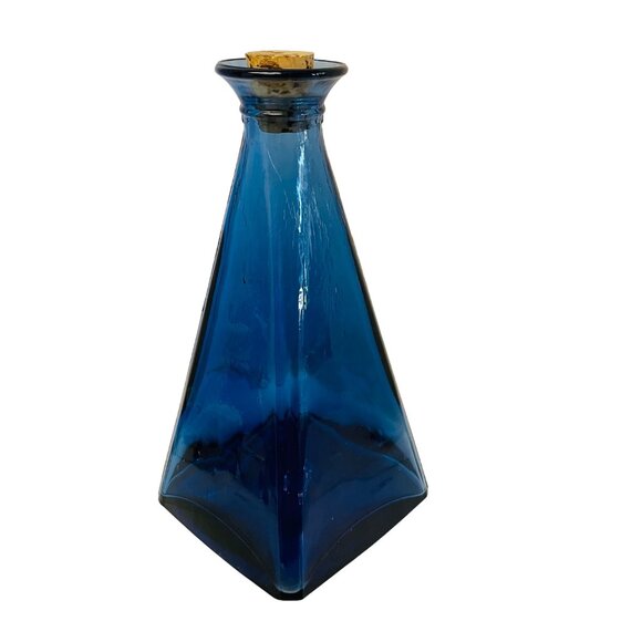 Vintage Blue Glass Pyramid Bottle With Cork Stopper - Picture 6 of 6